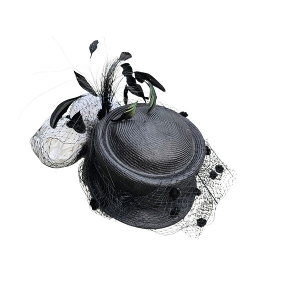 Vintage B Michael Straw Hat Fascinator Mesh Netting Feathers Statement  Church